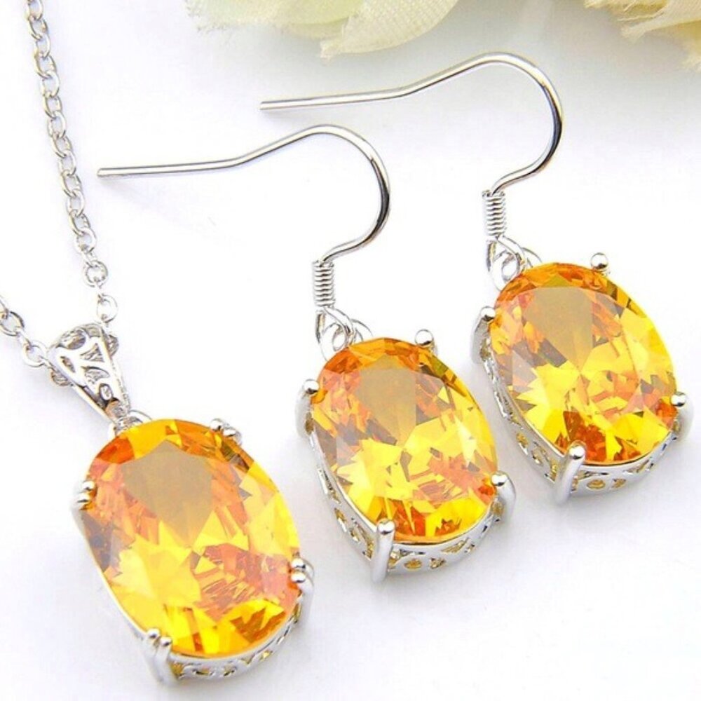 Yellow Citrine Oval Pendant Necklace Earrings Set 925 Sterling Silver Plated